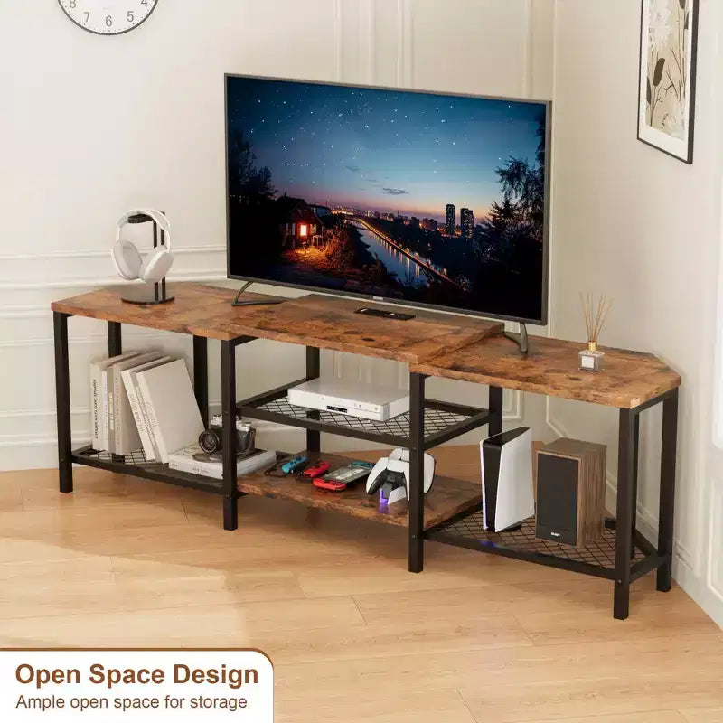 Mobile porta TV LED per TV fino a 75 pollici, mobile TV da 67 pollici con prese di corrente, ripiani a giorno, tavolino porta TV