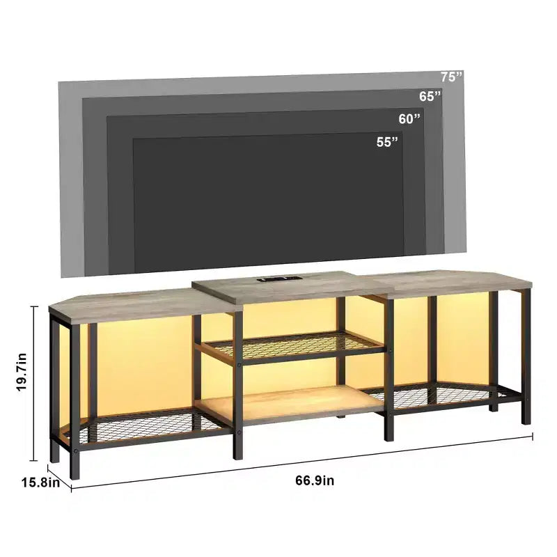 Mobile porta TV LED per TV fino a 75 pollici, mobile TV da 67 pollici con prese di corrente, ripiani a giorno, tavolino porta TV