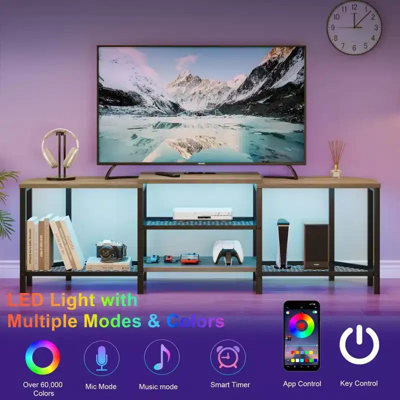 Mobile porta TV LED per TV fino a 75 pollici, mobile TV da 67 pollici con prese di corrente, ripiani a giorno, tavolino porta TV