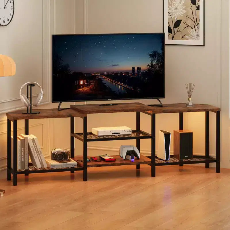 LED TV Stand for TVs Up to 75 Inch, 67 Inch Entertainment Center with Power Outlets, Open Storage Shelves, TV Console Table