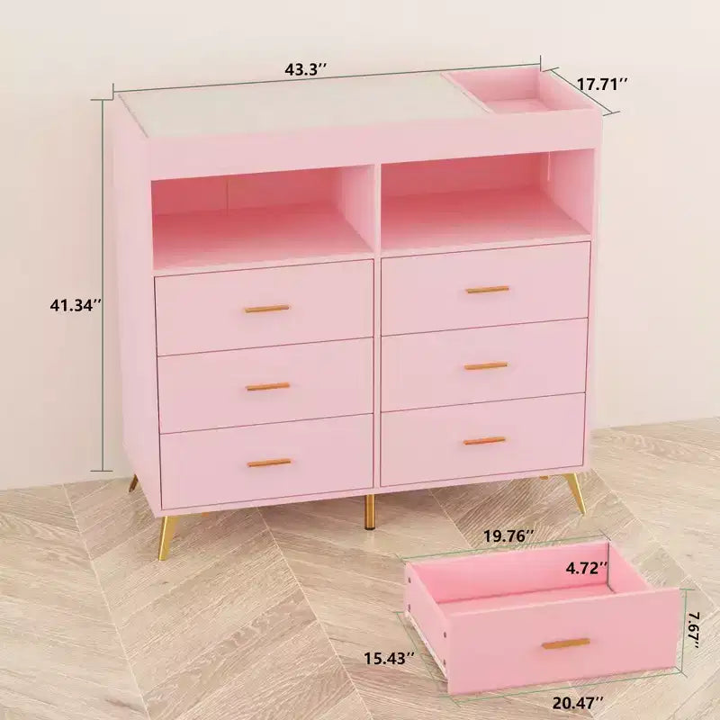 Comò per camera da letto con piano fasciatoio, cassettiera fasciatoio per bambini a 6 cassetti con ripiani aperti