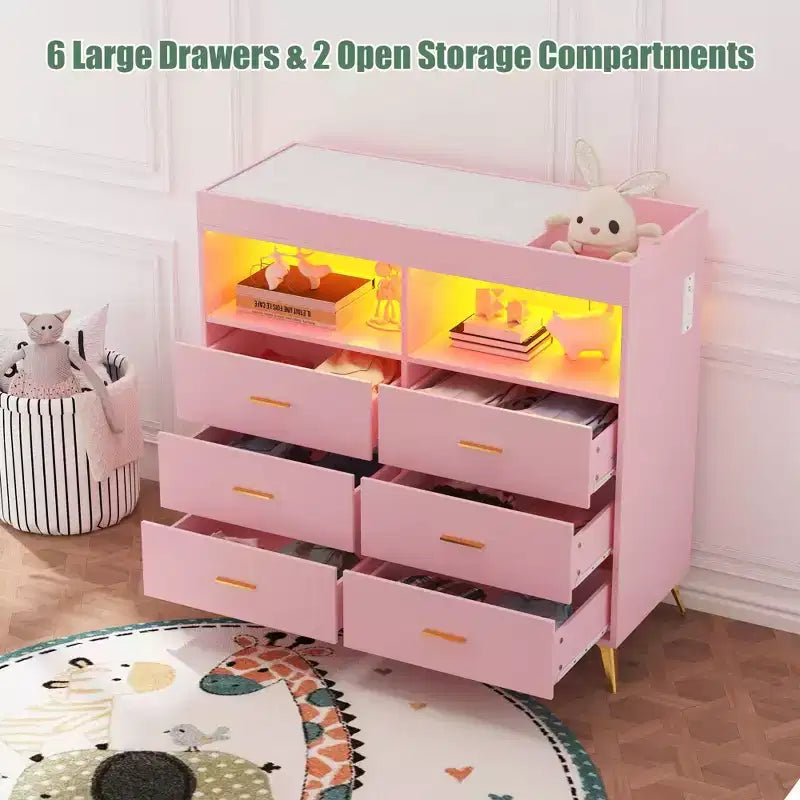 Comò per camera da letto con piano fasciatoio, cassettiera fasciatoio per bambini a 6 cassetti con ripiani aperti