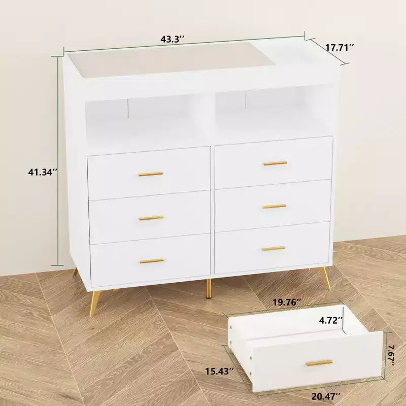 Comò per camera da letto con piano fasciatoio, cassettiera fasciatoio per bambini a 6 cassetti con ripiani aperti