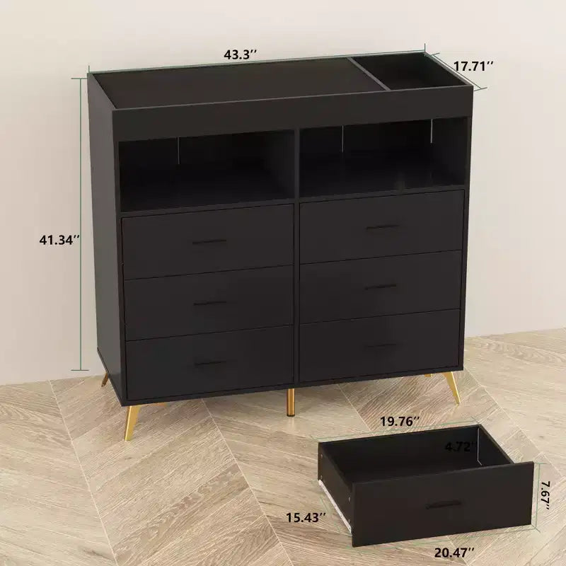 Comò per camera da letto con piano fasciatoio, cassettiera fasciatoio per bambini a 6 cassetti con ripiani aperti