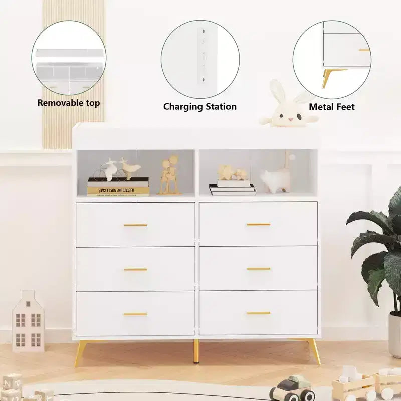 Comò per camera da letto con piano fasciatoio, cassettiera fasciatoio per bambini a 6 cassetti con ripiani aperti