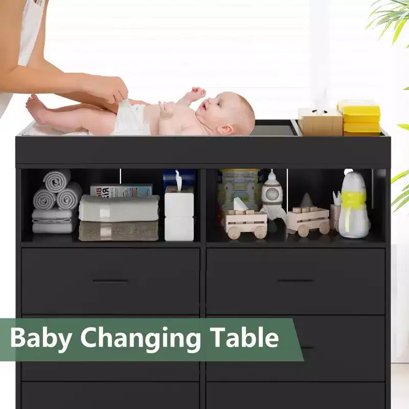 Comò per camera da letto con piano fasciatoio, cassettiera fasciatoio per bambini a 6 cassetti con ripiani aperti