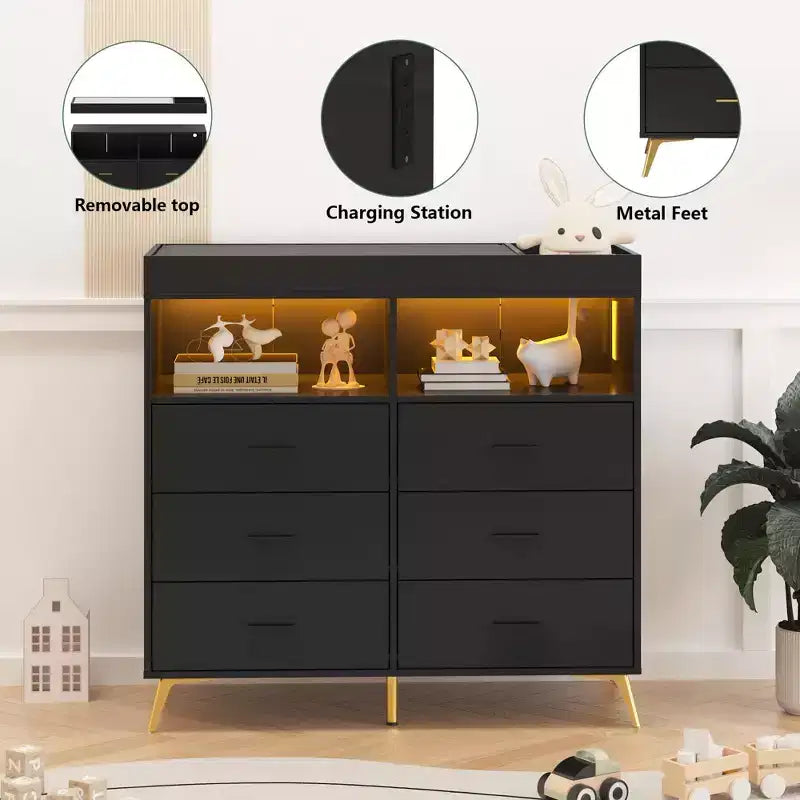 Comò per camera da letto con piano fasciatoio, cassettiera fasciatoio per bambini a 6 cassetti con ripiani aperti