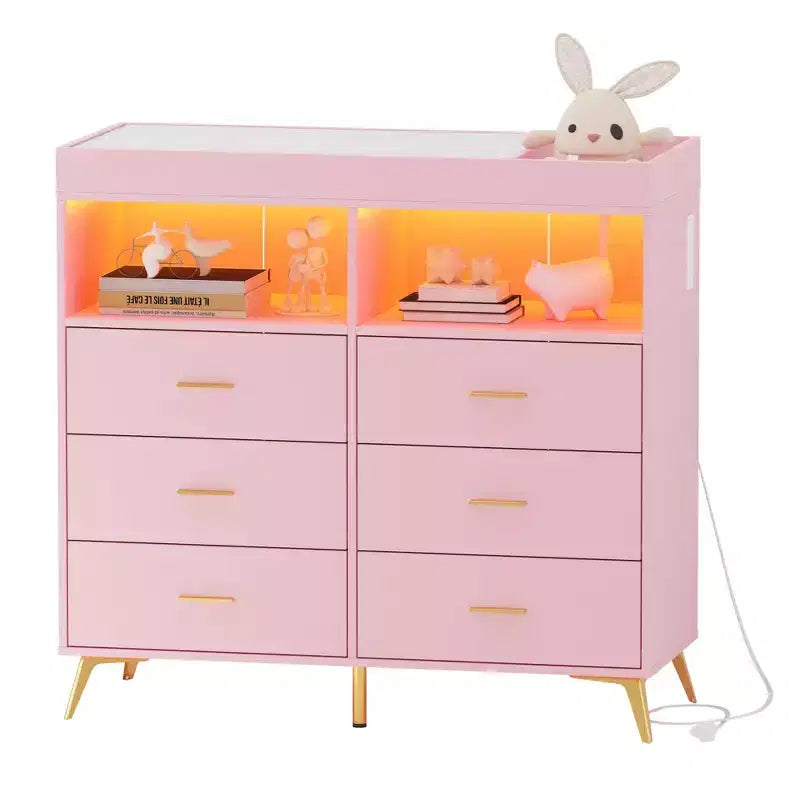 Comò per camera da letto con piano fasciatoio, cassettiera fasciatoio per bambini a 6 cassetti con ripiani aperti