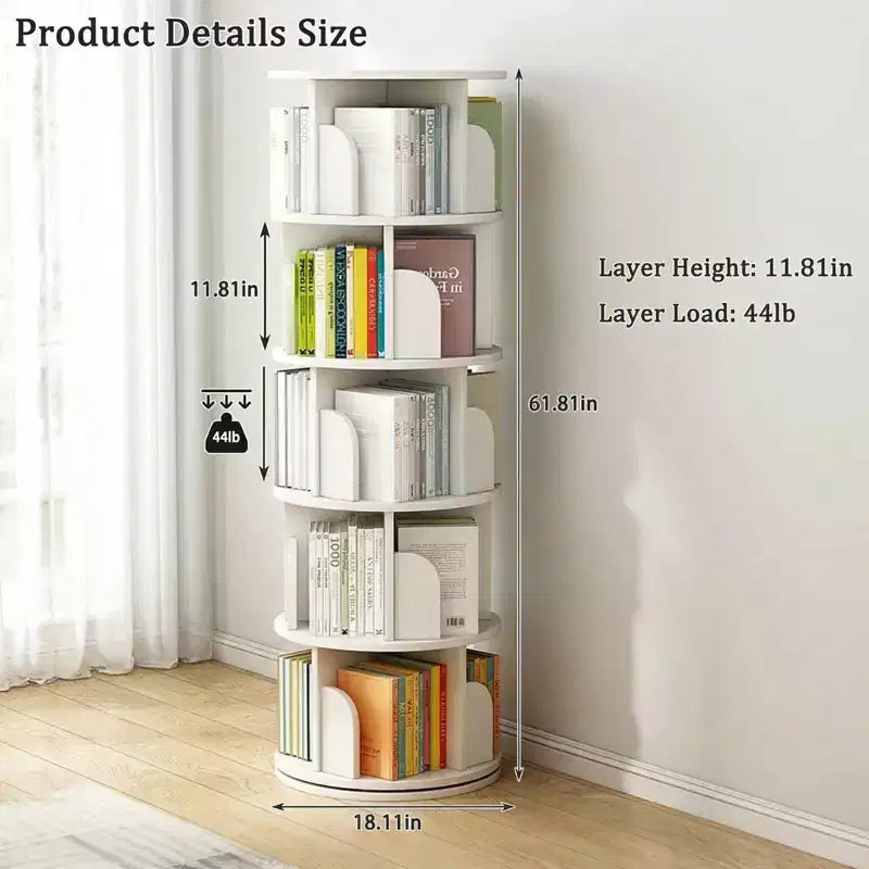 Scaffale rotante a 5 livelli, libreria girevole a 360° con display circolare, salvaspazio, libreria a torre rotante compatta per camera da letto, bianco caldo
