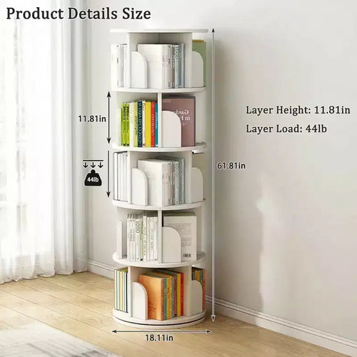 Scaffale rotante a 5 livelli, libreria girevole a 360° con display circolare, salvaspazio, libreria a torre rotante compatta per camera da letto, bianco caldo