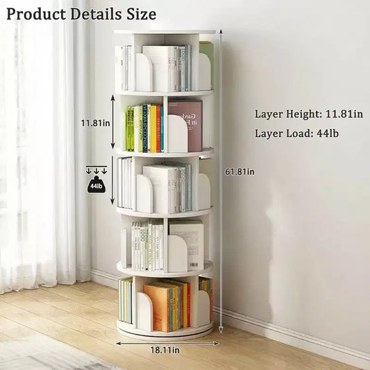 Scaffale rotante a 5 livelli, libreria girevole a 360° con display circolare, salvaspazio, libreria a torre rotante compatta per camera da letto, bianco caldo