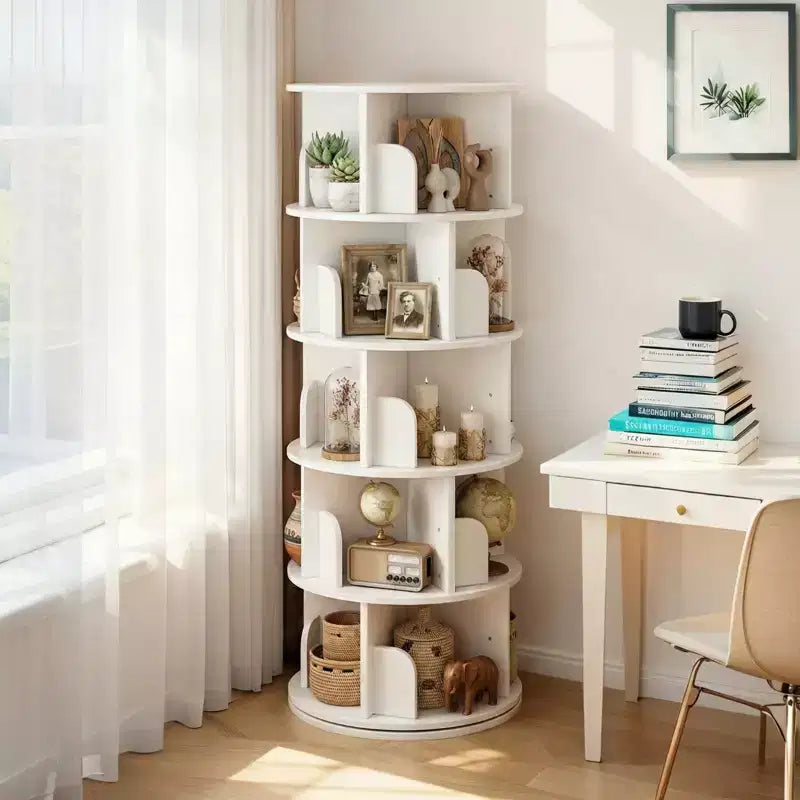 Scaffale rotante a 5 livelli, libreria girevole a 360° con display circolare, salvaspazio, libreria a torre rotante compatta per camera da letto, bianco caldo
