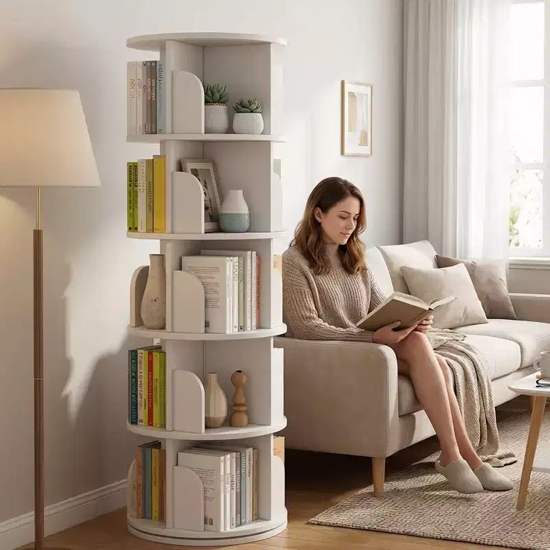 Scaffale rotante a 5 livelli, libreria girevole a 360° con display circolare, salvaspazio, libreria a torre rotante compatta per camera da letto, bianco caldo
