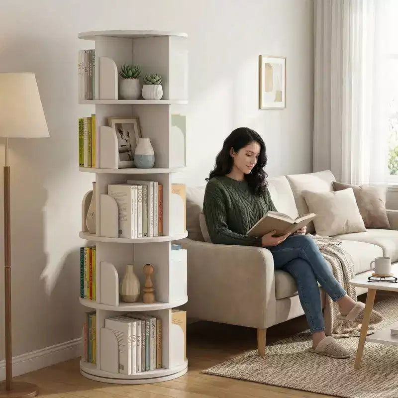Scaffale rotante a 5 livelli, libreria girevole a 360° con display circolare, salvaspazio, libreria a torre rotante compatta per camera da letto, bianco caldo