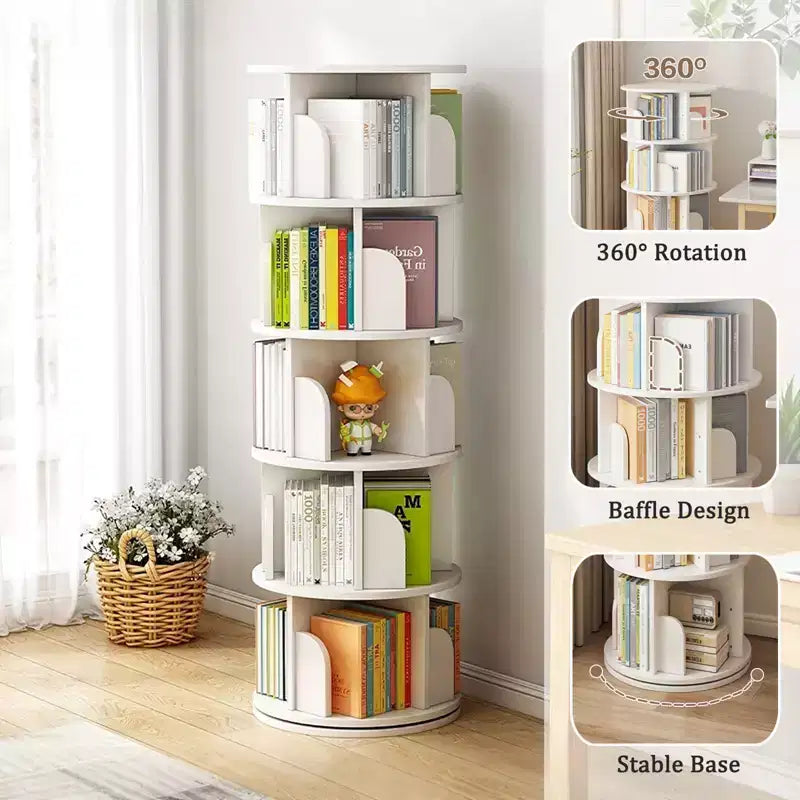 Scaffale rotante a 5 livelli, libreria girevole a 360° con display circolare, salvaspazio, libreria a torre rotante compatta per camera da letto, bianco caldo