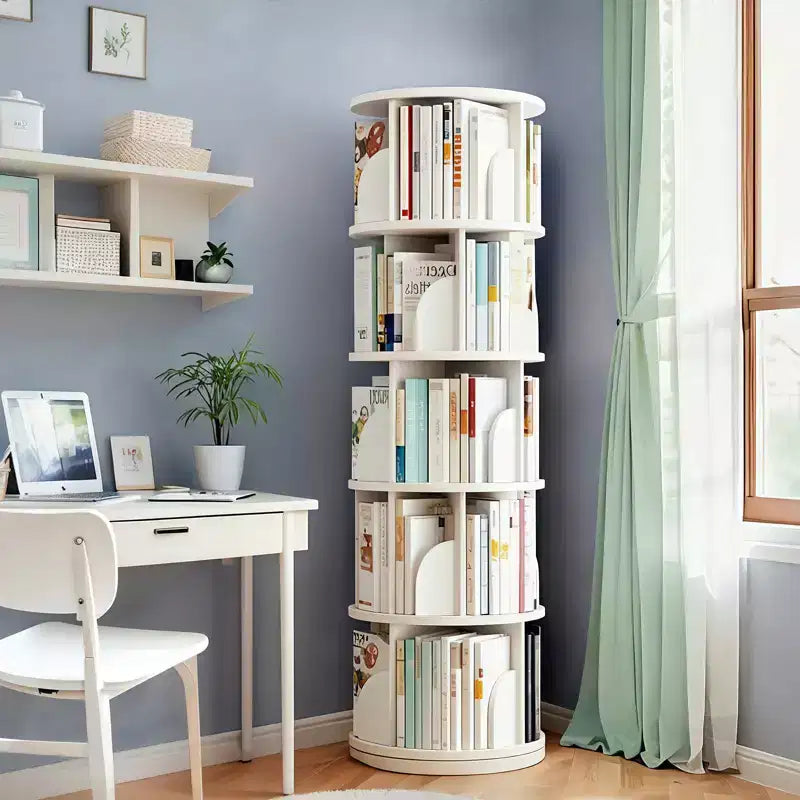 Scaffale rotante a 5 livelli, libreria girevole a 360° con display circolare, salvaspazio, libreria a torre rotante compatta per camera da letto, bianco caldo