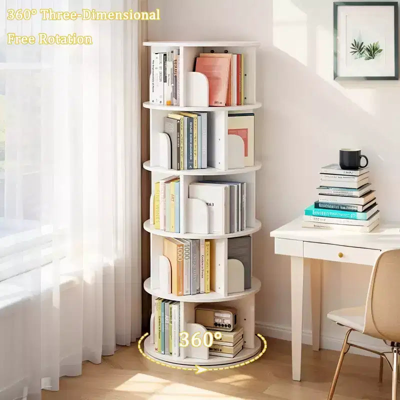 Scaffale rotante a 5 livelli, libreria girevole a 360° con display circolare, salvaspazio, libreria a torre rotante compatta per camera da letto, bianco caldo