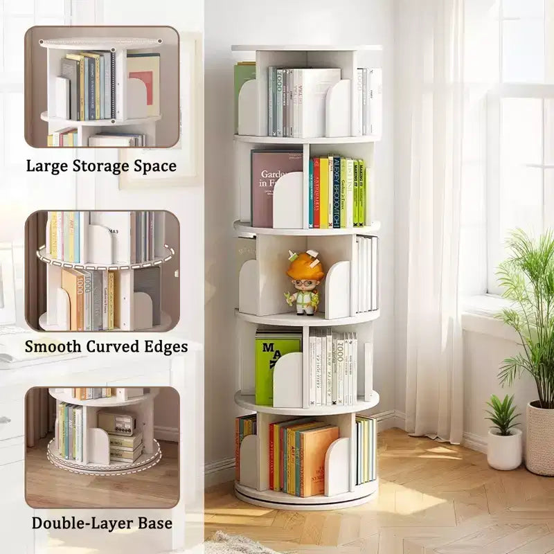 Scaffale rotante a 5 livelli, libreria girevole a 360° con display circolare, salvaspazio, libreria a torre rotante compatta per camera da letto, bianco caldo