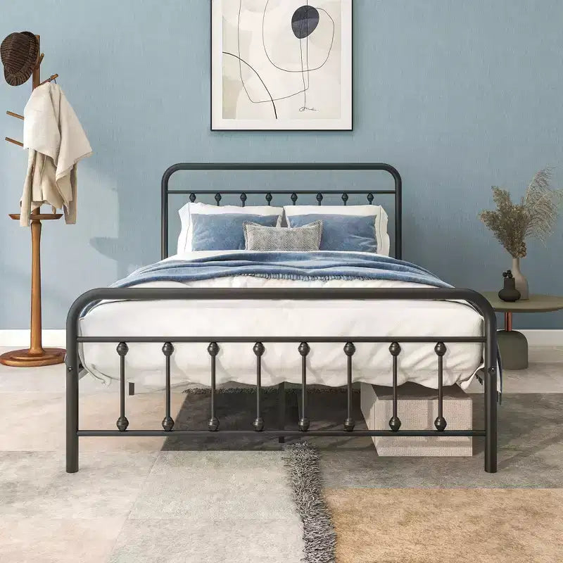 Struttura letto a piattaforma in metallo matrimoniale con robusto supporto a doghe, contenitore sotto il letto per camera da letto