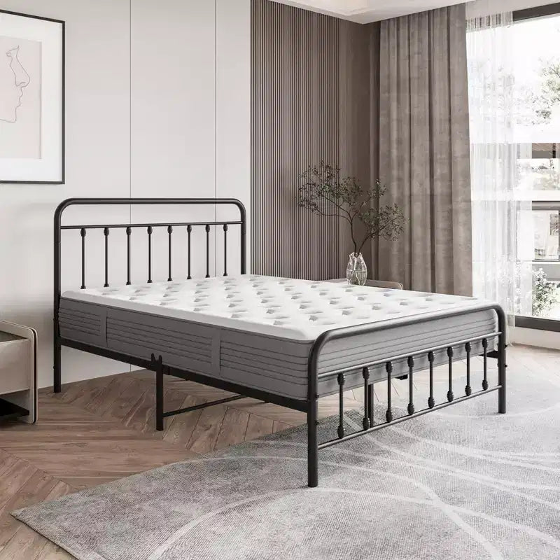 Struttura letto a piattaforma in metallo matrimoniale con robusto supporto a doghe, contenitore sotto il letto per camera da letto