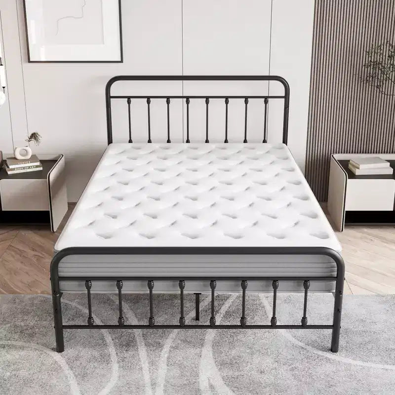 Struttura letto a piattaforma in metallo matrimoniale con robusto supporto a doghe, contenitore sotto il letto per camera da letto
