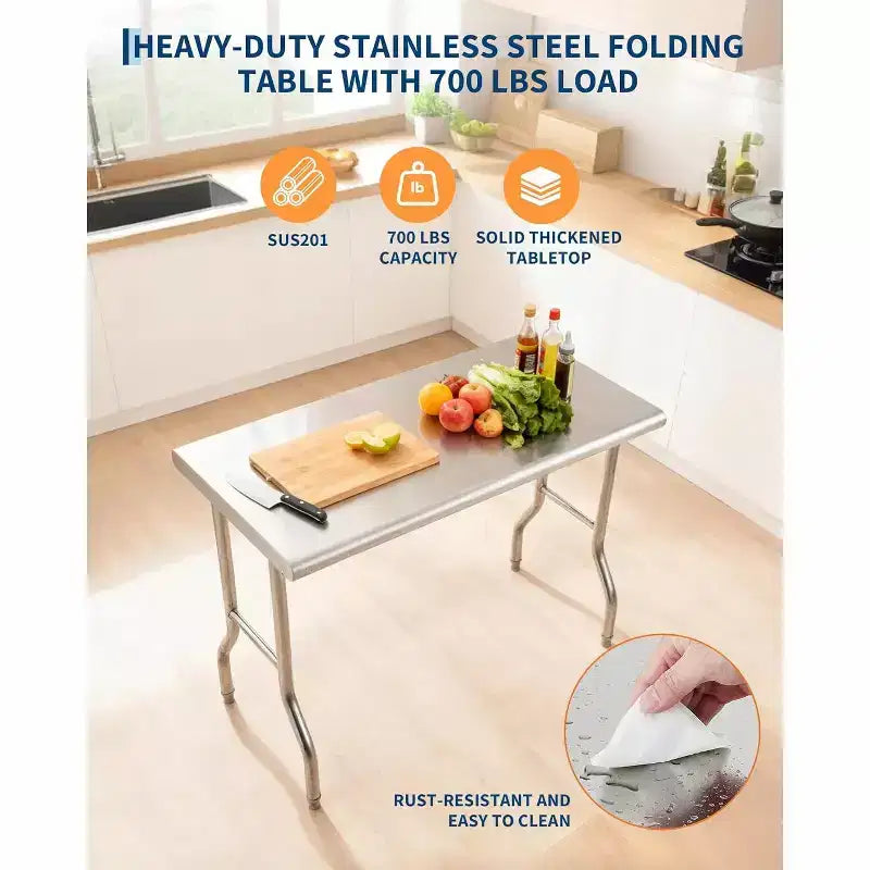 Tavolo pieghevole commerciale in acciaio inossidabile 48x24 pollici | Tavolo da preparazione resistente per ristorante, catering e cucina casalinga