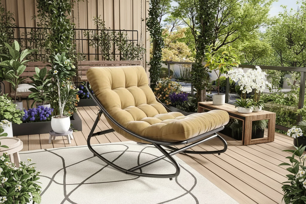 Poltrona a dondolo Papasan oversize color cuoio con capacità di 204 kg, reclinabile a uovo in ferro con rivestimento e-coat e cuscino per salotto interno/esterno (soggiorno/patio/giardino)