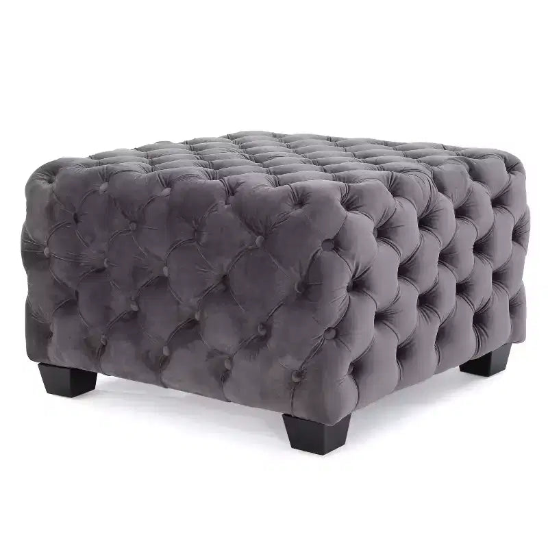 Pouf in velluto con cuciture a diamante e bottoni, panca quadrata da ingresso liscia al tatto, pouf poggiapiedi da salotto