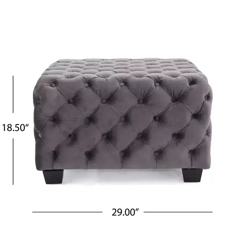 Pouf in velluto con cuciture a diamante e bottoni, panca quadrata da ingresso liscia al tatto, pouf poggiapiedi da salotto