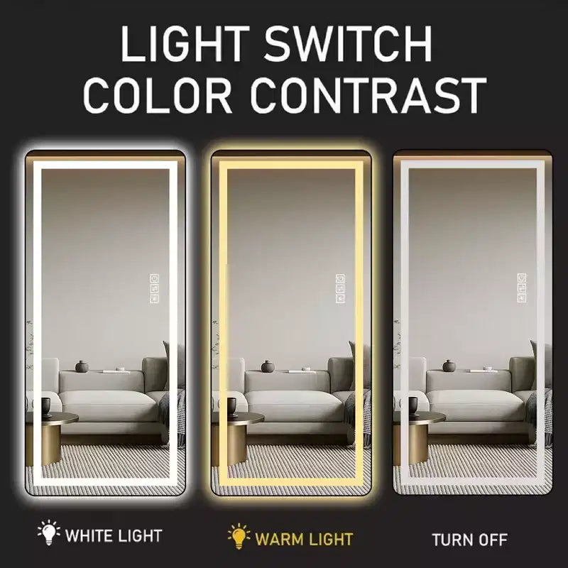 Specchio moderno a figura intera con LED regolabile, da parete o autoportante, specchio per il corpo per soggiorno, nero