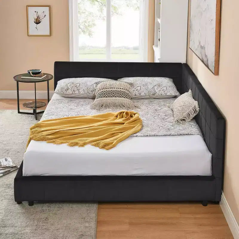Letto Imbottito Queen Size con Testiera Trapuntata, Braccioli, in Velluto per Camera da Letto, Nero