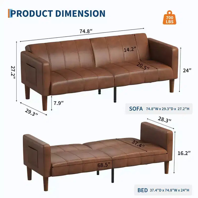 Divano letto futon da 75 pollici, convertibile, in similpelle, divanetto.