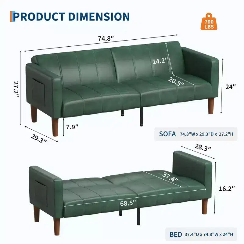 Divano letto futon da 75 pollici, convertibile, in similpelle, divanetto.