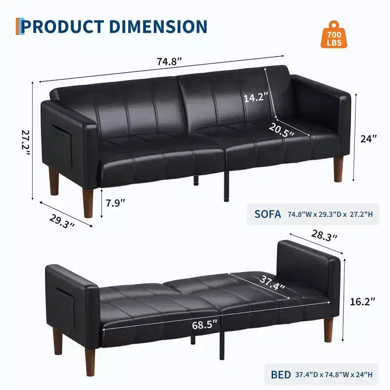 Divano letto futon da 75 pollici, convertibile, in similpelle, divanetto.