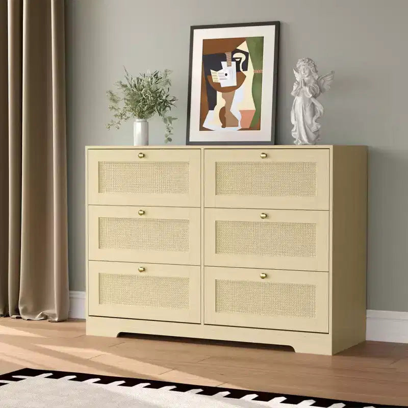 COZONY Cassettiera Boho Moderna a 6 Cassetti con Gambe in Legno Massello, Comò Lungo per Camera da Letto e Soggiorno