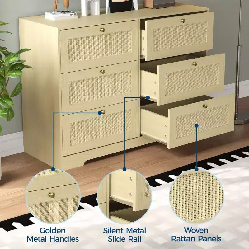 COZONY Cassettiera Boho Moderna a 6 Cassetti con Gambe in Legno Massello, Comò Lungo per Camera da Letto e Soggiorno