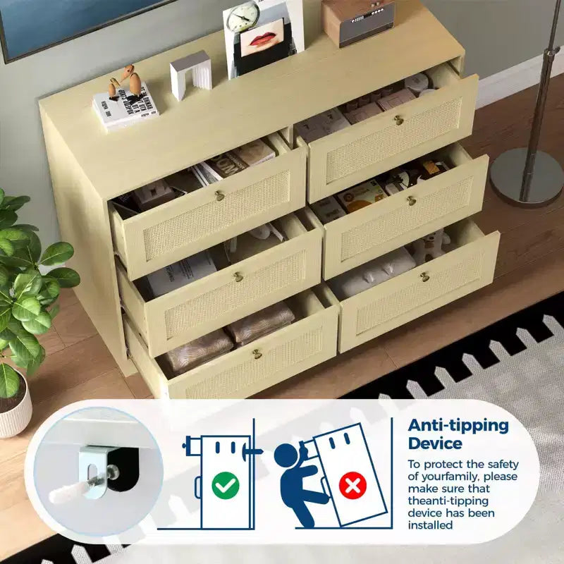 COZONY Cassettiera Boho Moderna a 6 Cassetti con Gambe in Legno Massello, Comò Lungo per Camera da Letto e Soggiorno