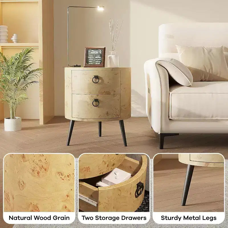 Tavolino Rotondo con Cassetti, Comodino Moderno con Spazio Contenitore, Tavolino d'Appoggio in Legno, Tavolino da Notte Circolare con Gambe in Metallo per Soggiorno, Camera da Letto