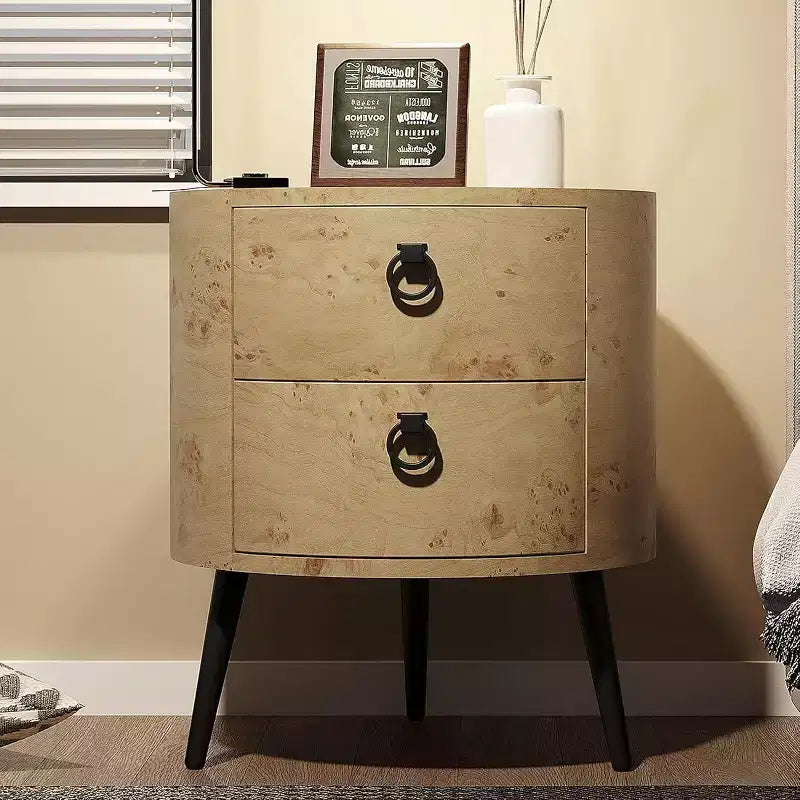 Tavolino Rotondo con Cassetti, Comodino Moderno con Spazio Contenitore, Tavolino d'Appoggio in Legno, Tavolino da Notte Circolare con Gambe in Metallo per Soggiorno, Camera da Letto