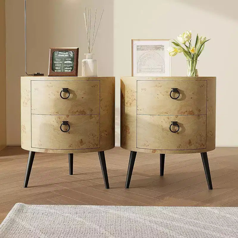 Tavolino Rotondo con Cassetti, Comodino Moderno con Spazio Contenitore, Tavolino d'Appoggio in Legno, Tavolino da Notte Circolare con Gambe in Metallo per Soggiorno, Camera da Letto
