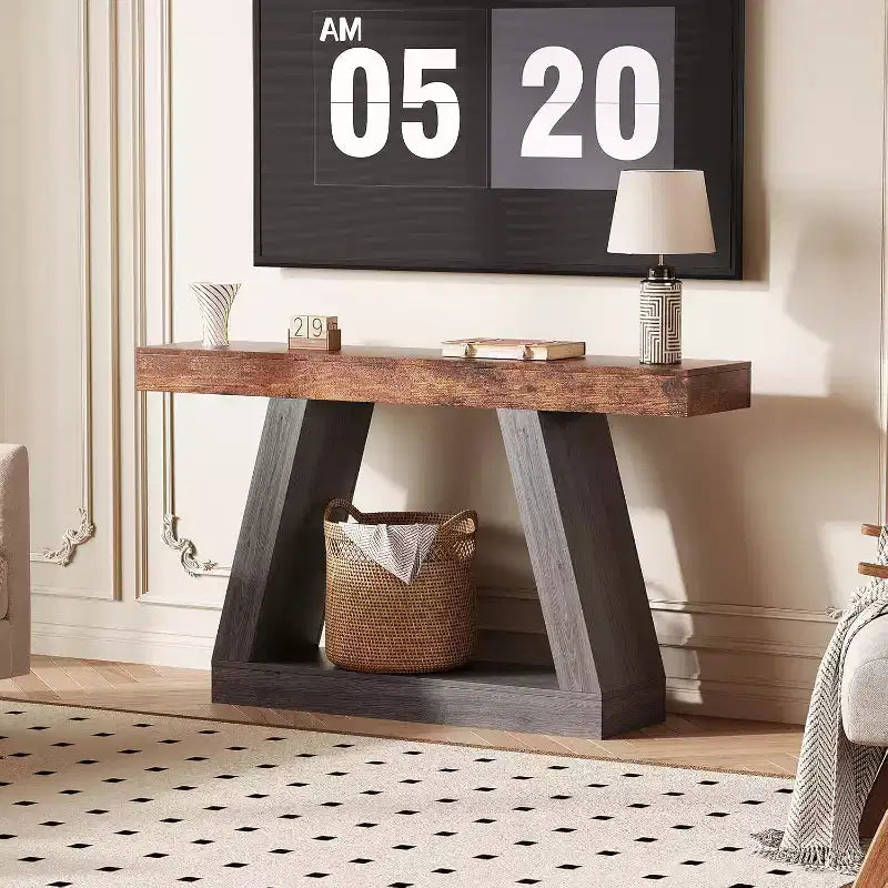 Console da Ingresso con Ripiano Aperto, Tavolino da Divano a 2 Livelli in Legno per Ingresso, Corridoio e Soggiorno - Mobile d'Arredo con Design a Trapezio