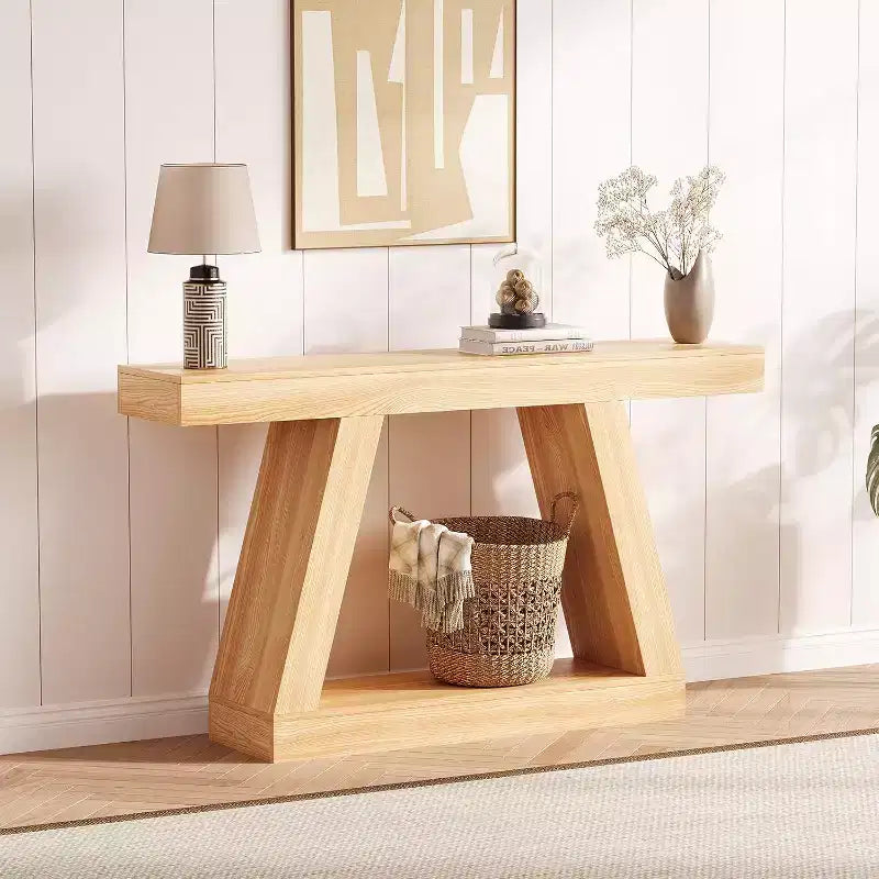 Console da Ingresso con Ripiano Aperto, Tavolino da Divano a 2 Livelli in Legno per Ingresso, Corridoio e Soggiorno - Mobile d'Arredo con Design a Trapezio