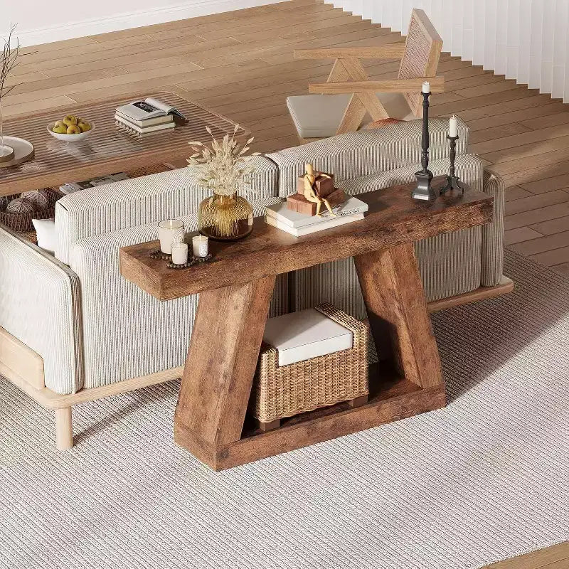 Console da Ingresso con Ripiano Aperto, Tavolino da Divano a 2 Livelli in Legno per Ingresso, Corridoio e Soggiorno - Mobile d'Arredo con Design a Trapezio