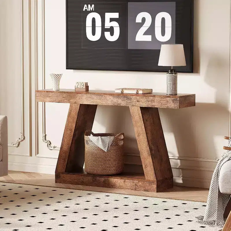 Console da Ingresso con Ripiano Aperto, Tavolino da Divano a 2 Livelli in Legno per Ingresso, Corridoio e Soggiorno - Mobile d'Arredo con Design a Trapezio