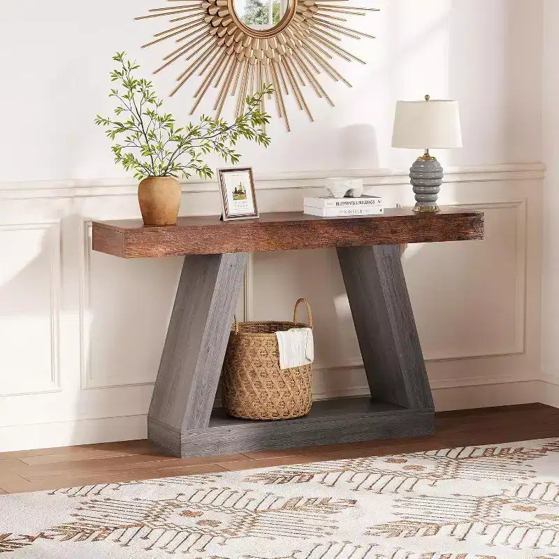 Console da Ingresso con Ripiano Aperto, Tavolino da Divano a 2 Livelli in Legno per Ingresso, Corridoio e Soggiorno - Mobile d'Arredo con Design a Trapezio
