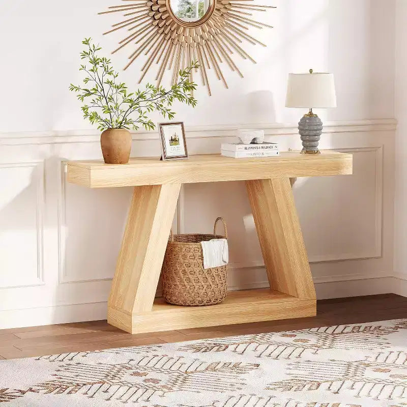 Console da Ingresso con Ripiano Aperto, Tavolino da Divano a 2 Livelli in Legno per Ingresso, Corridoio e Soggiorno - Mobile d'Arredo con Design a Trapezio