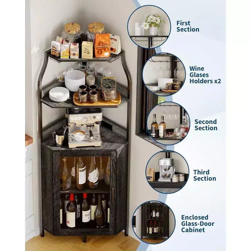 Mobile bar angolare da 68 pollici, cantinetta industriale a 5 livelli, con portabicchieri e portabottiglie per piccoli spazi, 12 colori, anta in vetro temperato per cucina, soggiorno