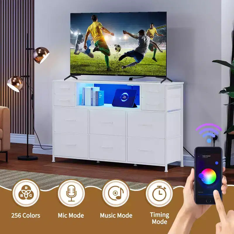 Comò a 10 cassetti in tessuto, mobile TV da centro di intrattenimento con presa di corrente e luce LED per TV da 45-55 pollici, cassettiera con piano in legno per camera da letto