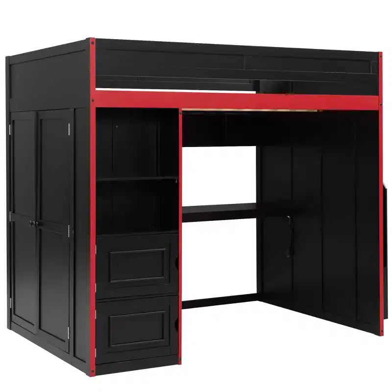 Letto a soppalco da gaming Twin/Full Size con scrivania e scale contenitore, letto a soppalco in legno massiccio con luci a LED, armadio e mensole, letto da gaming salvaspazio