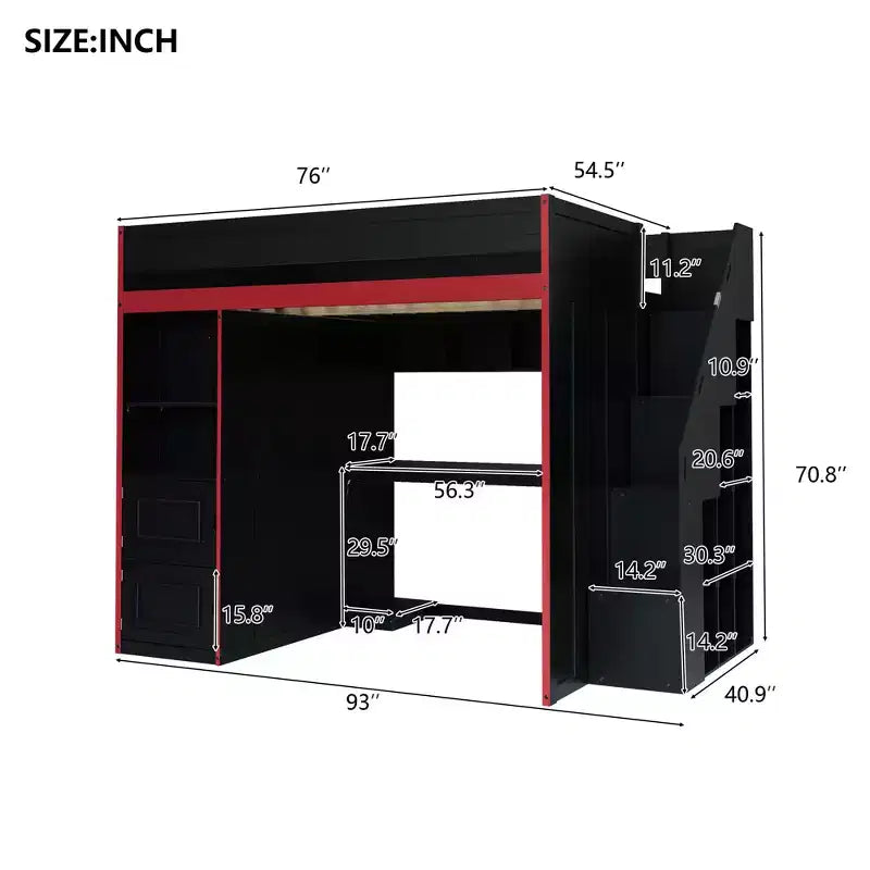 Letto a soppalco da gaming Twin/Full Size con scrivania e scale contenitore, letto a soppalco in legno massiccio con luci a LED, armadio e mensole, letto da gaming salvaspazio